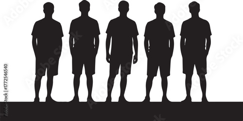 Five black male silhouettes standing side by side wearing t shirts and shorts person group