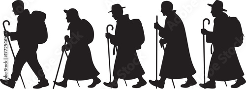Five black silhouette figures of hikers with backpacks and walking sticks vector