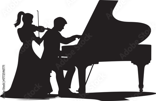 Silhouette of a woman playing violin and a man playing grand piano music performance