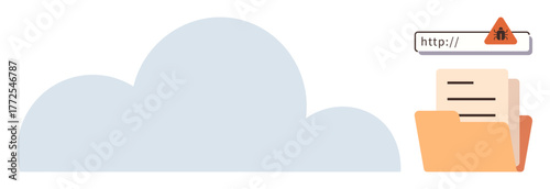 Cloud graphic adjacent to folder with information, red alert over hyperlink. Ideal for data security, cyber risk, internet safety, file storage, online protection, alert systems, simple flat metaphor
