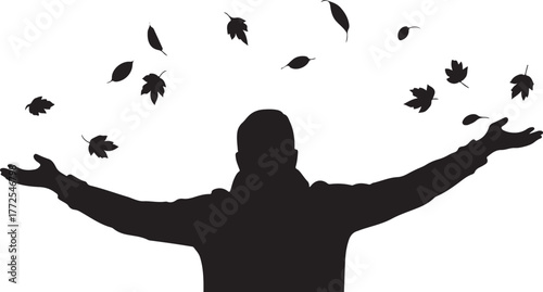 Silhouette of person with arms outstretched catching falling leaves vector