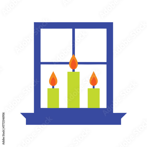 Window sill filled with glowing decorative candles radiating warm light and creating a cozy ambiance vector christmas