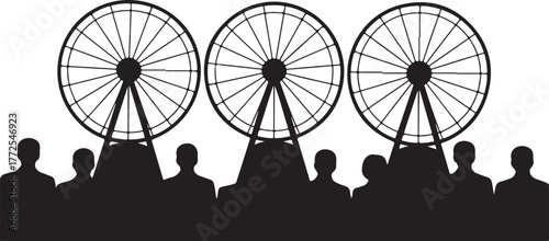 Three black silhouette Ferris wheels above a line of black silhouette people amusement park carnival