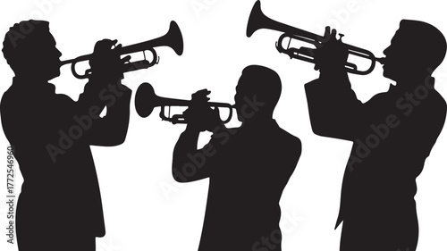 Three black silhouette musicians playing trumpets on a white background vector