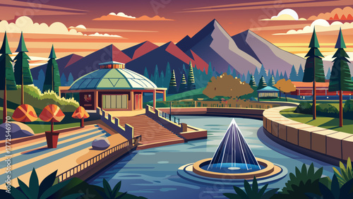 VIew of McEuen Park promenade and water feature and Tubbs Hill, a 165 acre natural park bordering the lake and downtown resort area in Coeur d'Alene, Idaho USA