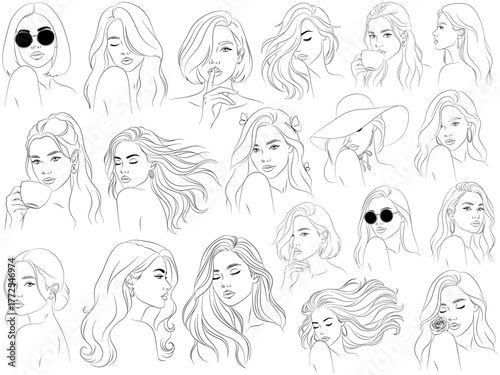 Elegant Woman Line Art Clipart Set, Fashion Female Portrait Collection with Hairstyles, Sunglasses, and Coffee Cup Illustrations