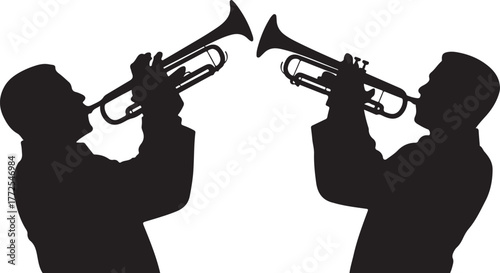 Two black silhouette figures playing trumpets against a white background musician black and white