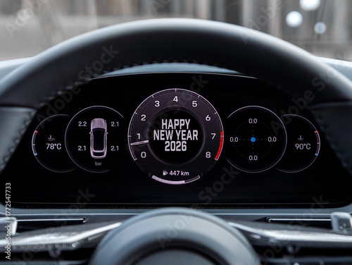 Close up black speedometer with Happy New Year   2026 . The concept of the new year and Christmas in the automotive field. Counting months, time until the new year