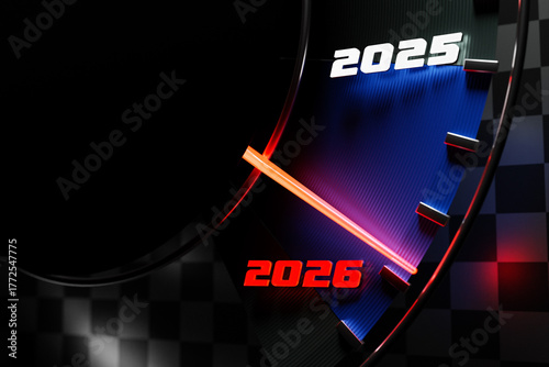 3D illustration close up black speedometer with cutoffs 2025,2026 . The concept of the new year and Christmas in the automotive field. Counting months, time until the new year