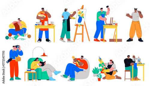 Collection of people practicing various creative hobbies in hand-drawn flat style