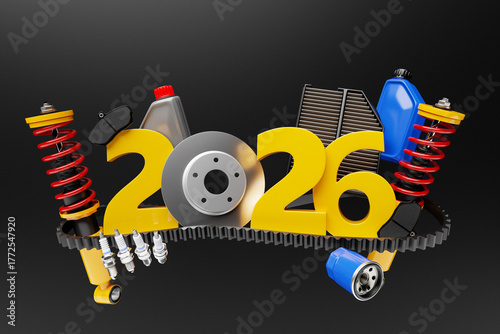 3d illustration design happy new year 2025 with auto parts for auto mechanic service concept isolated on black background.