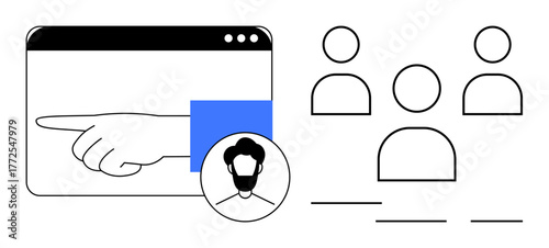 Hand pointing inside a browser window alongside user profile icons. Ideal for teamwork, user interface, leadership, management, collaboration, recruitment, online communication. Simple flat metaphor