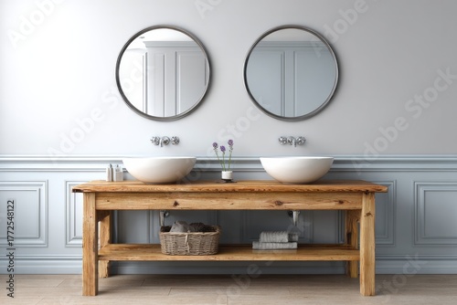 Double vessel sinks rest atop a rustic wooden vanity beneath matching circular mirrors in a powder room setting.