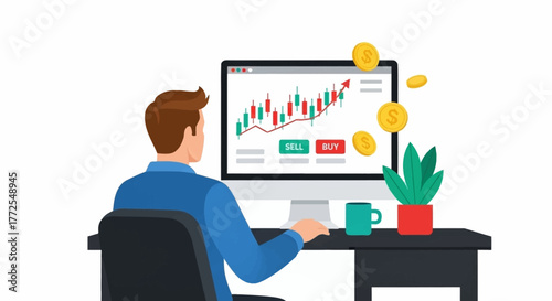 Illustration of a man sitting at a desk analyzing a graph on his computer with a cup of coffee and a plant nearby.