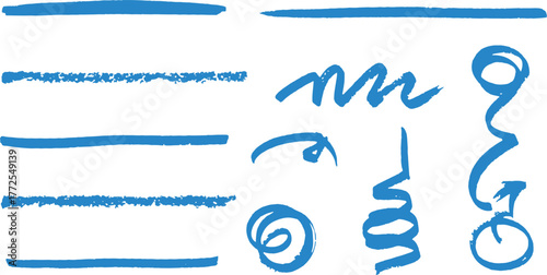 Set of Blue Hand Drawn Lines and Swirls for Artistic Design Elements