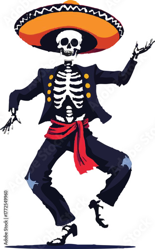 Día de los Muertos Skeleton Vector – Dancing Figure in Traditional Mexican Attire with Sombrero