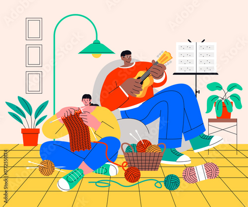 Indoor hobby composition with people knitting and playing music in hand-drawn flat style