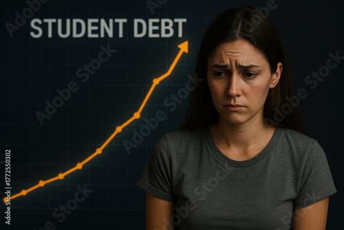 Student loan financial stress. A woman looks worried as a graph shows rising student debt.
