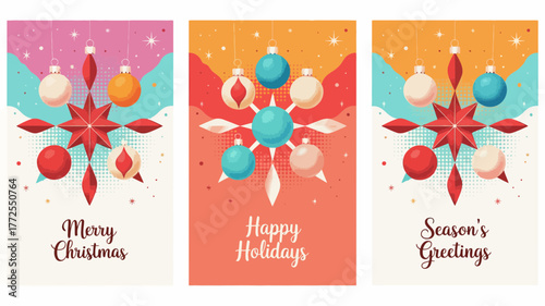 Three festive vertical greeting cards with christmas ornaments and holiday wishes in a vibrant modern illustration style
