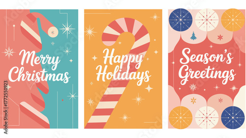 Festive holiday greeting cards featuring candy canes and seasonal messages in a retro design