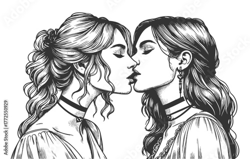 two women sharing a tender kiss, with elegant hairstyles, chokers, and expressive line work sketch engraving generative ai fictional character vector illustration. Scratch board. Black and white image