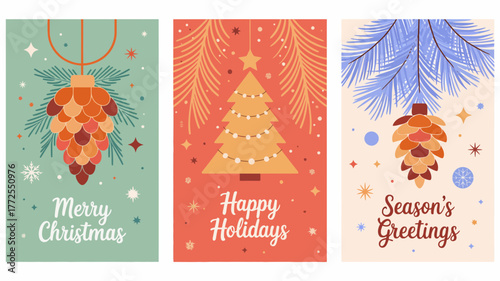Festive christmas and holiday greeting cards featuring ornaments and trees with seasonal wishes