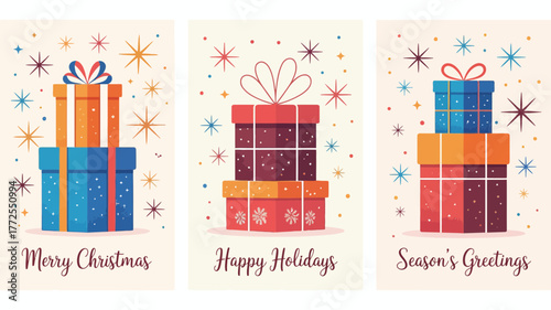Three stacks of colorful vintage style christmas gift boxes with festive starbursts and holiday greetings on a cream background