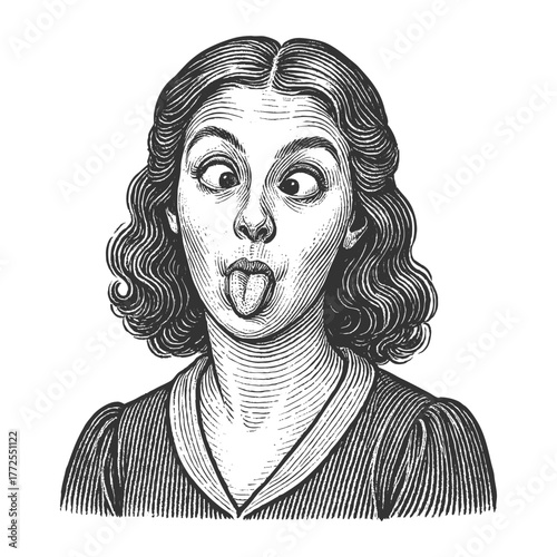 woman crossing her eyes and sticking out her tongue in a playful, humorous expression sketch engraving generative ai fictional character vector illustration. Scratch board imitation. Black and white.