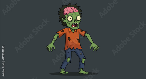 Cartoon illustration of a green-skinned zombie with an exposed brain and torn clothes.