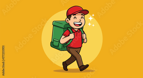 A cheerful delivery person with a large green insulated backpack walks with a smile.