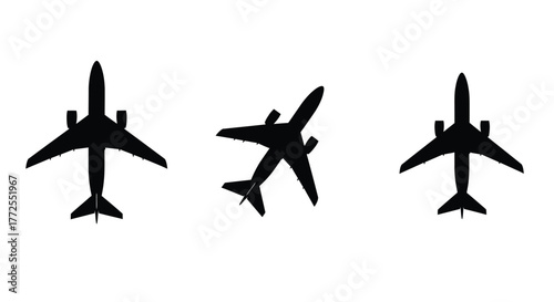 Three black airplane silhouettes against a white background, viewed from an overhead perspective.