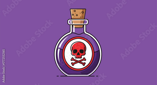 Illustration of a round glass bottle with a cork containing purple liquid and a skull and crossbones symbol.