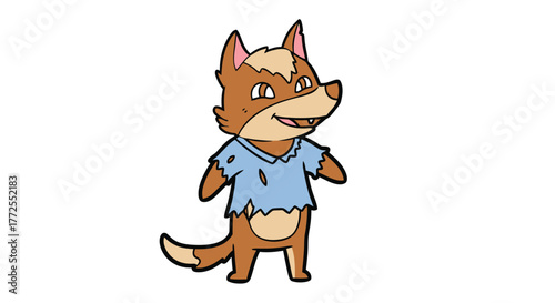 Cartoon fox with a tattered shirt standing on a white background.
