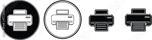 Monochrome icon set featuring printer vector graphic. Black and white printing device, copy machine used in office or home for paperwork print task.