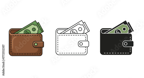 Wallet with Cash Money Icon Set - Brown, White and Black Leather Wallets with Dollar Bills