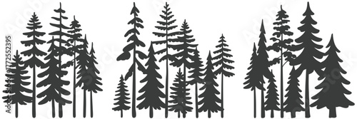 Forest Tree Silhouettes Vector Collection – Evergreen pine and fir conifers in black and white ideal for nature scenes, landscape compositions, and seasonal illustration projects.