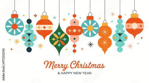 Retro mid century modern christmas ornaments hanging with merry christmas and happy new year greeting