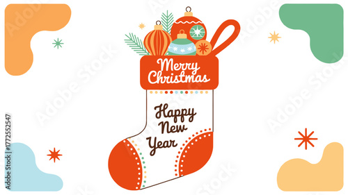 Festive christmas stocking filled with gifts and decorations wishing merry christmas and happy new year