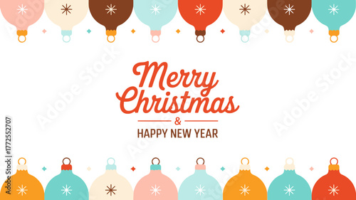 Festive merry christmas and happy new year greeting with colorful vintage baubles border on white background