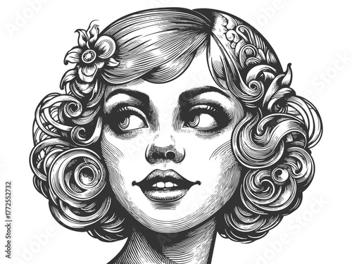 portrait of a woman with ornate curly hair adorned with flowers sketch engraving generative ai fictional character vector illustration. Scratch board imitation. Black and white image.