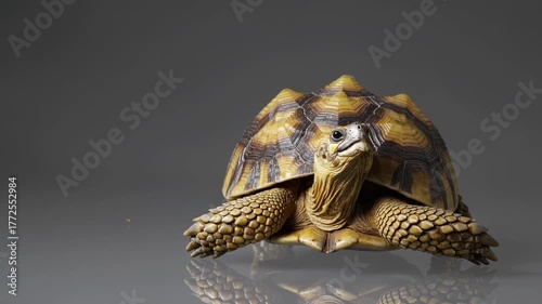 Tortoise slowly exploring its surroundings in a calm indoor setting with reflective surface