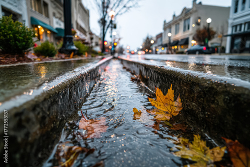 Rain-soaked street with flowing water and fallen leaves creating a serene urban atmosphere
