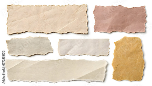 Assortment of seven torn paper scraps with irregular edges on white background Keywords: paper, torn, scrap, ripped, grunge, texture, old, vintage