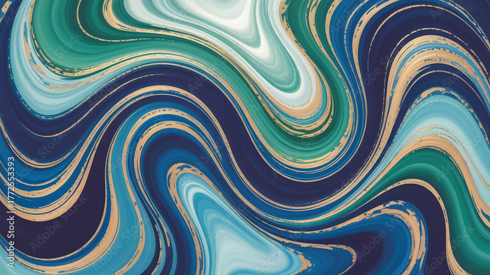 Fototapeta premium Abstract fluid marble texture with blue green and gold swirl pattern background 