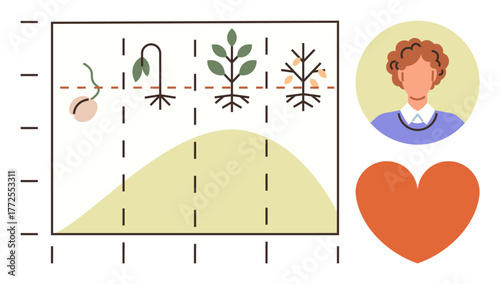 Plant growth stages on a graph showing germination, development, and decay phases, alongside a heart and person symbol. Ideal for education, biology, sustainability, cycle of life, health