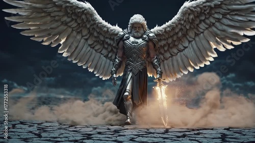Powerful warrior angel stands on cracked ground against dark sky with glowing sword