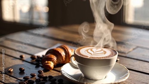 Warm and inviting coffee with croissant on a wooden table, captured in morning sunlight