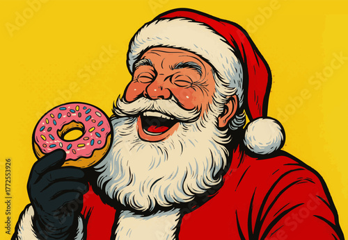 joyful Santa Claus laughing while holding a sprinkled pink frosted donut against a bright yellow background. Generative ai vector colorful pop art illustration.