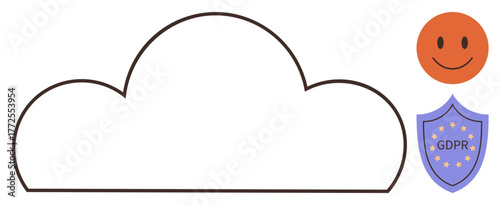 Simplified cloud outline with GDPR label on a shield and happy face icon. Ideal for data security, privacy, user trust, compliance, legal protection, cloud services, simple flat metaphor