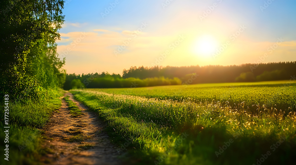 Obraz premium A small, cozy path near a field and forest against a backdrop of a beautiful sunny sky